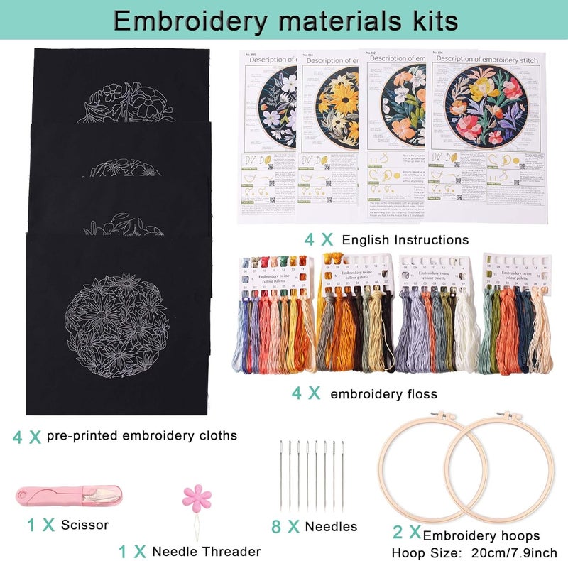 REEWISLY 4pcs of Embroidery Starter kit with Patterns and Instructions, DIY Beginner Adult Cross Stitch Kits, Including 2 Plastic Embroidery Rings, 1 Scissors, Colored Threads and Needles - Image 2